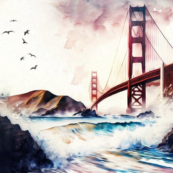 20x30 Golden Gate Bridge Fantasy Art Watercolor Oil Painting Poster - Picture 6 of 8
